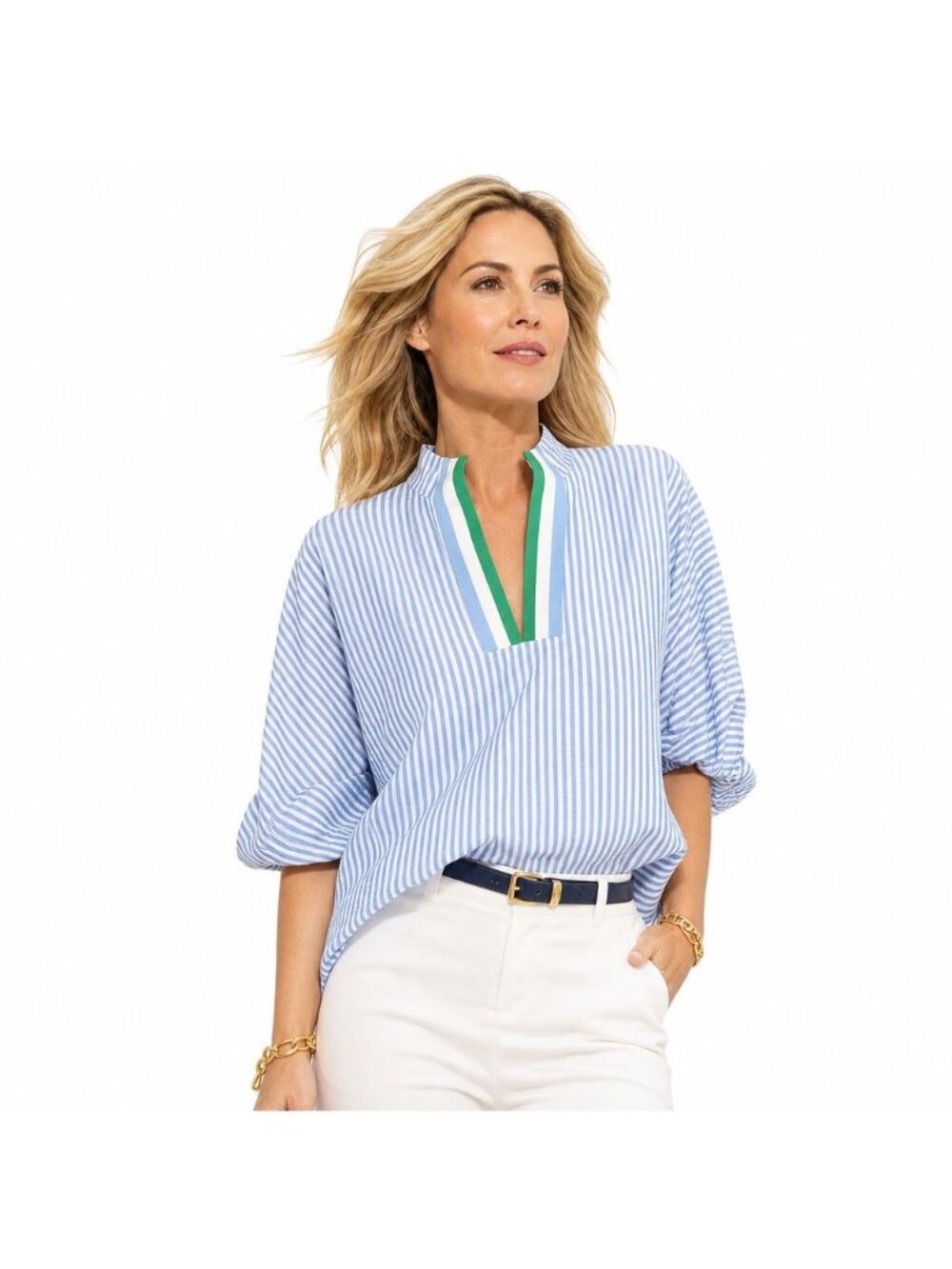 Avara Blue White Seersucker Striped Oversized Nautical Top Womens L Lightweight